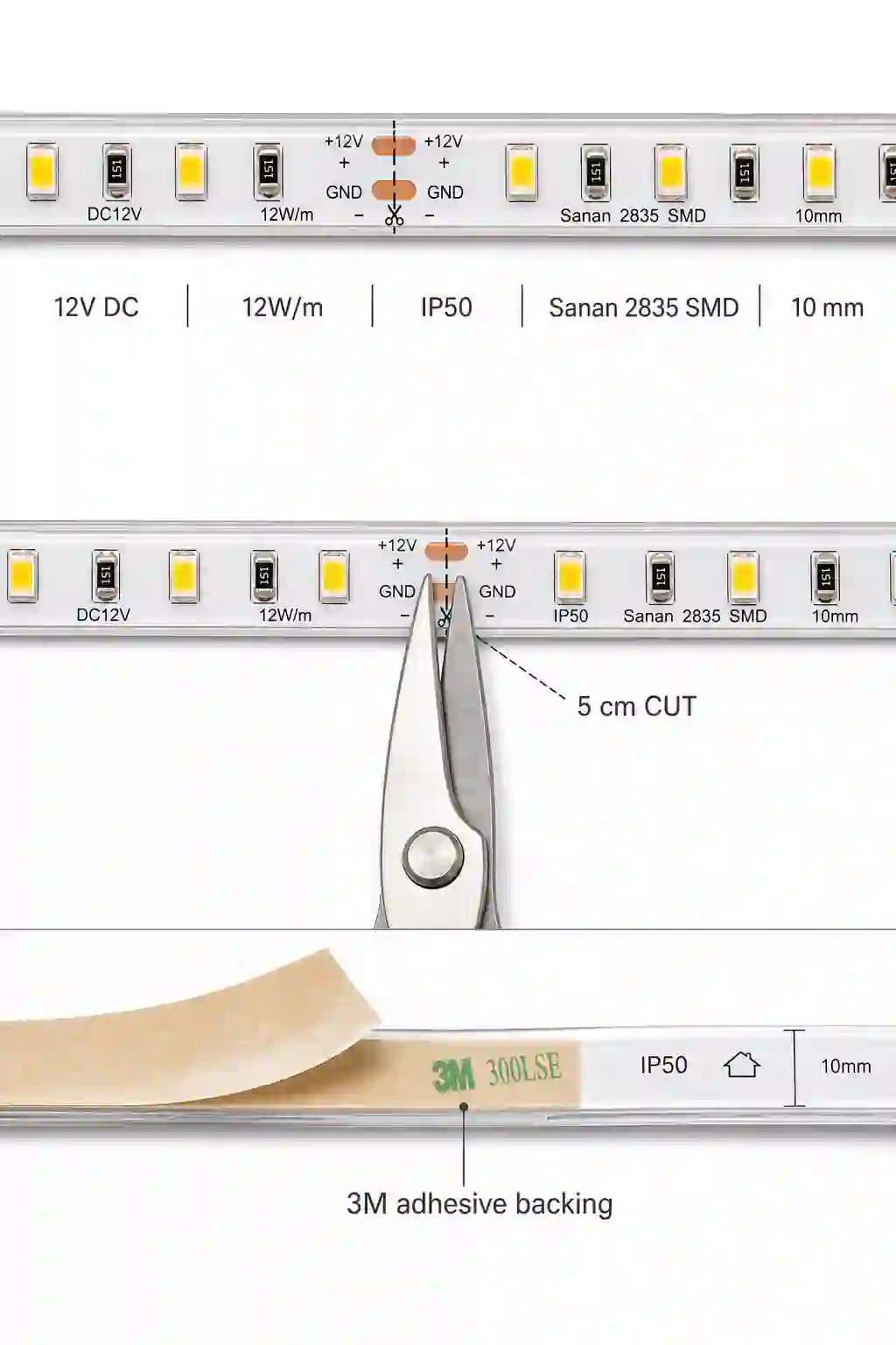 Technický detail LED pásku 10mm s dělením každých 5cm
